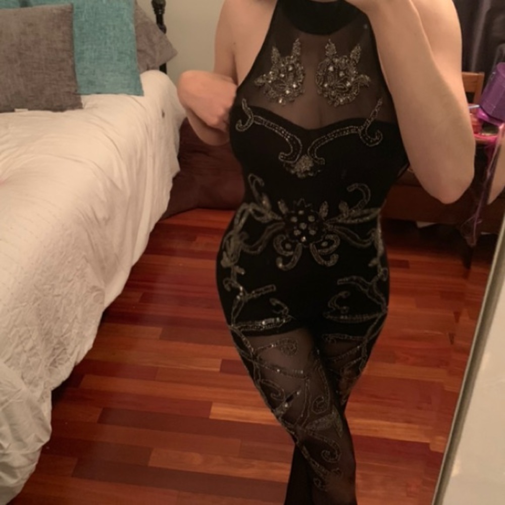 High Neck Jumpsuit with Embellished Beading